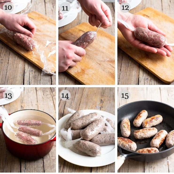 Step by step photos for rolling up homemade sausage