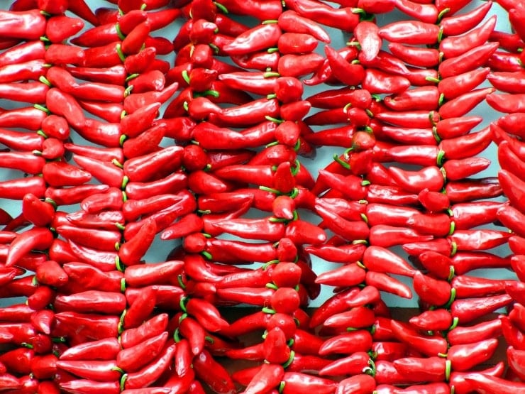 A close up of fresh red chilis