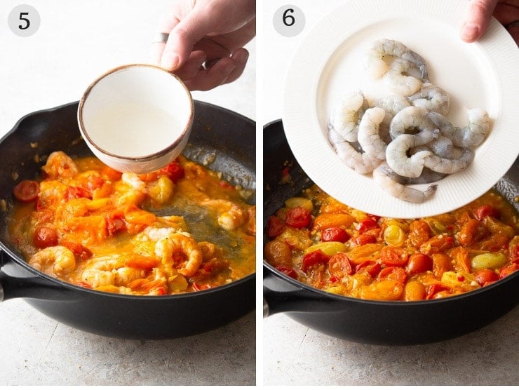 Two step by step photos for adding shrimp to a sauce to make shrimp linguine