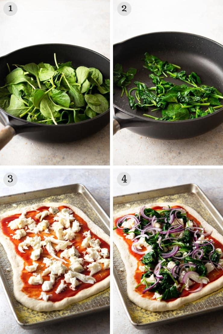 Step by step photos for making a spinach pizza