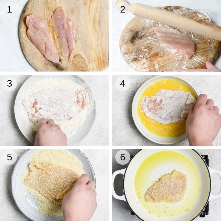 Step by step photos for making breaded Italian chicken cutlets