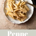 A collage image of penne with gorgonzola sauce