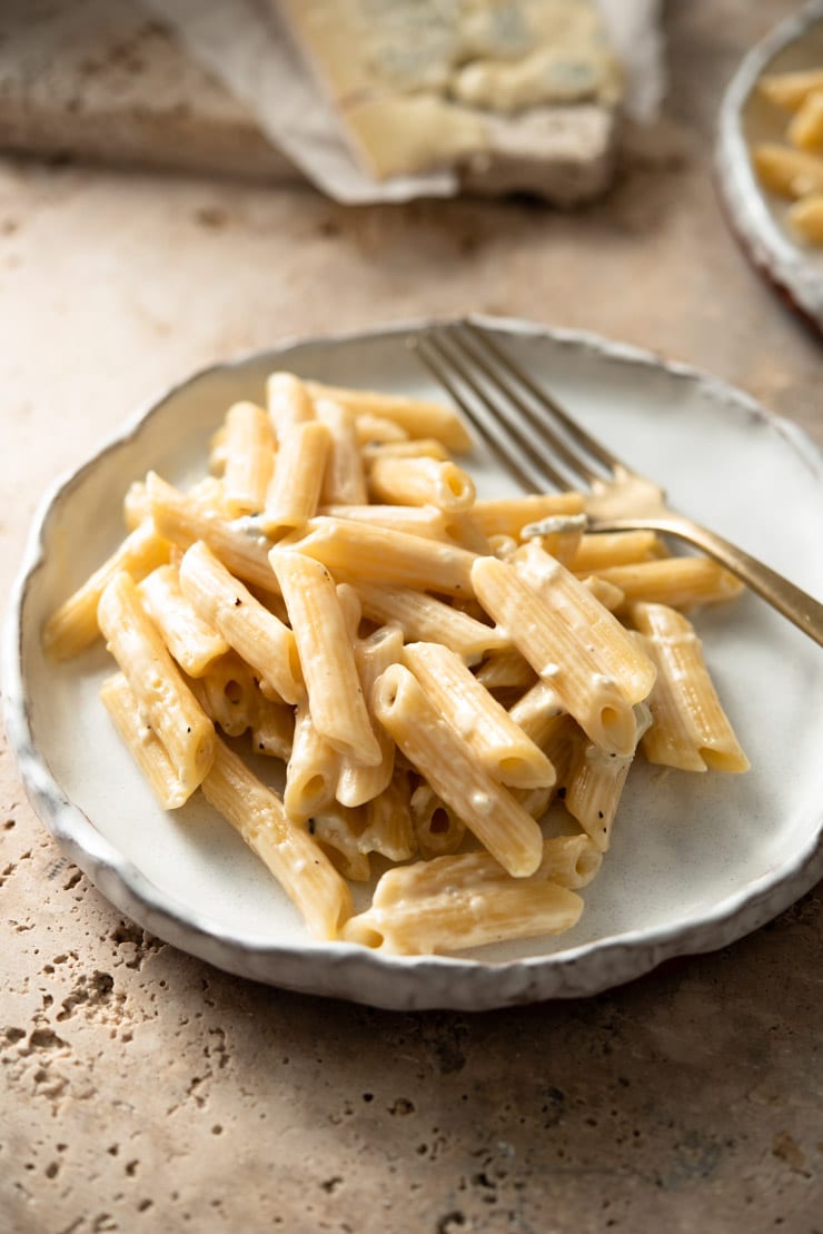 A side shot of penne pasta with gorgonzola sauce on a rustic plate with a fork