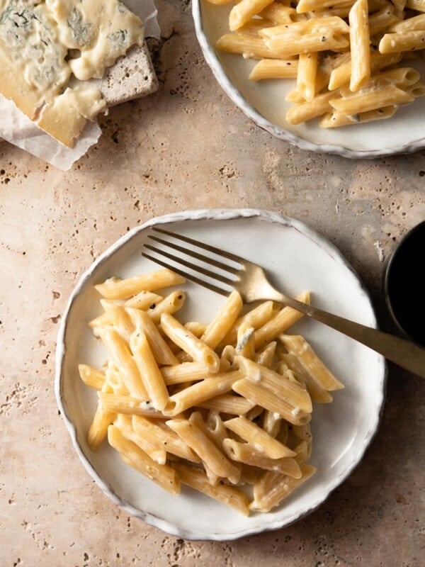 Pasta with gorgonzola sauce on a rustic plate