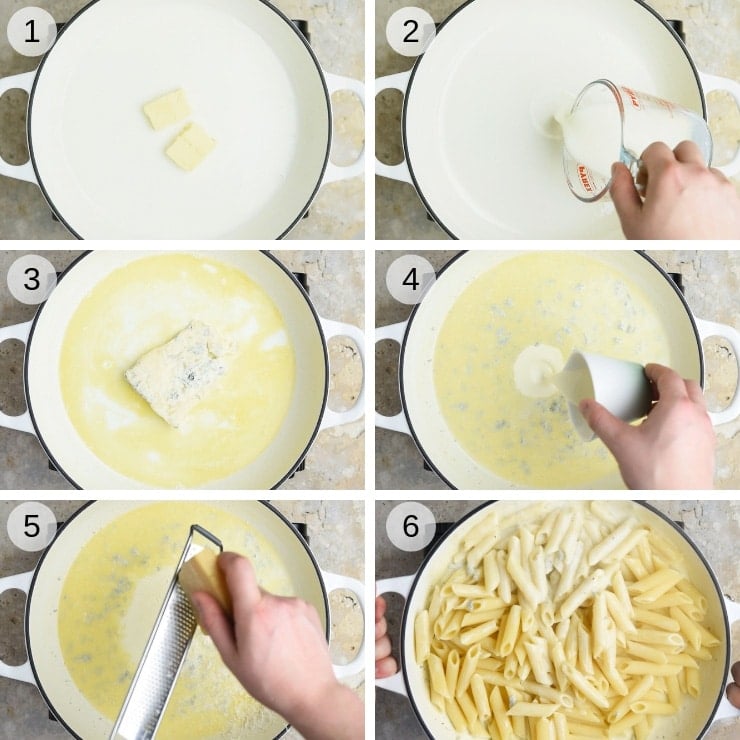 Step by step photos for making penne with creamy gorgonzola sauce