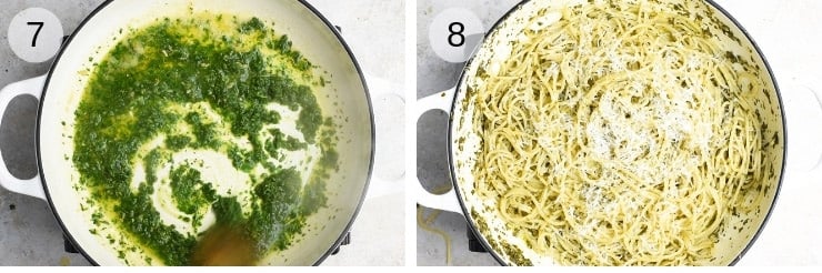 Two process shot of tossing spaghetti with herb garlic butter pasta sauce