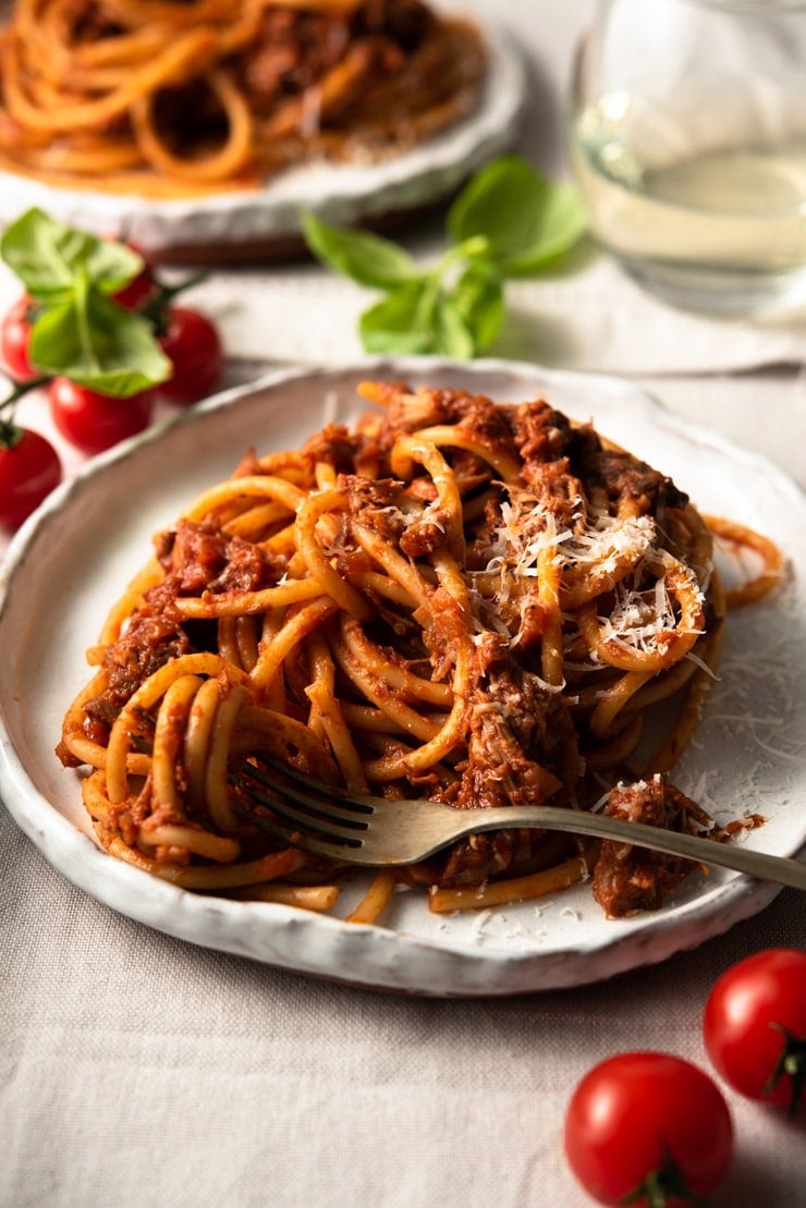 A close up of leftover pulled pork ragu with bucatini pasta on a plate