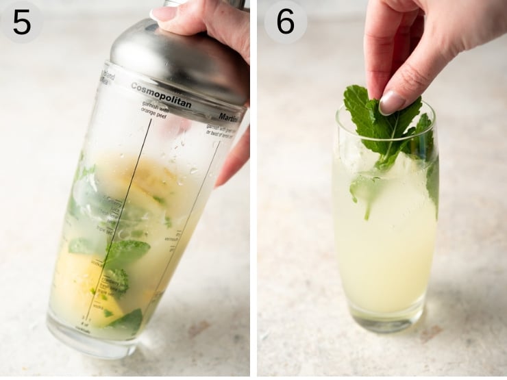 Two step by step photos of making a limoncello mojito with mint