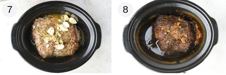 Two photos showing before and after cooking pulled pork in a slow cooker