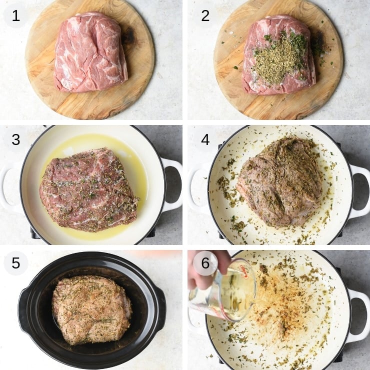 Step by step photos showing how to make slow cooker pulled pork Italian style