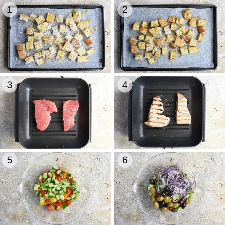 Step by step photos for making a tuna panzanella salad with tuna steaks