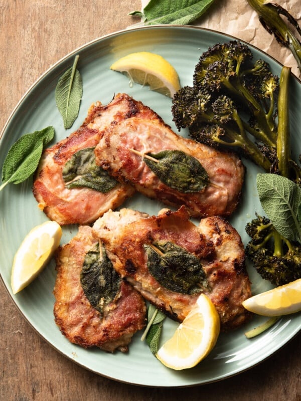 An overhead shot of veal saltimbocca