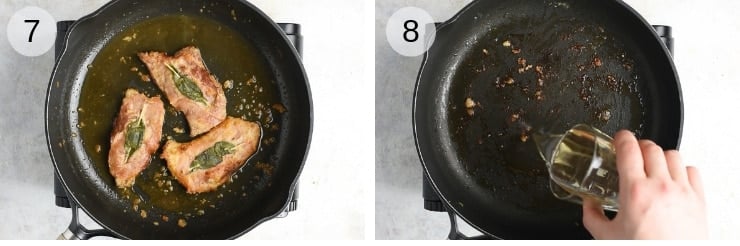 Two shots of making a sauce for veal saltimbocca