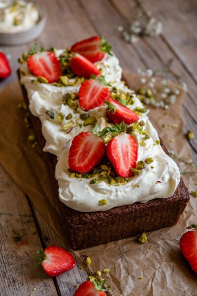 Pistachio Cake with Strawberries & Cream - Inside The Rustic Kitchen