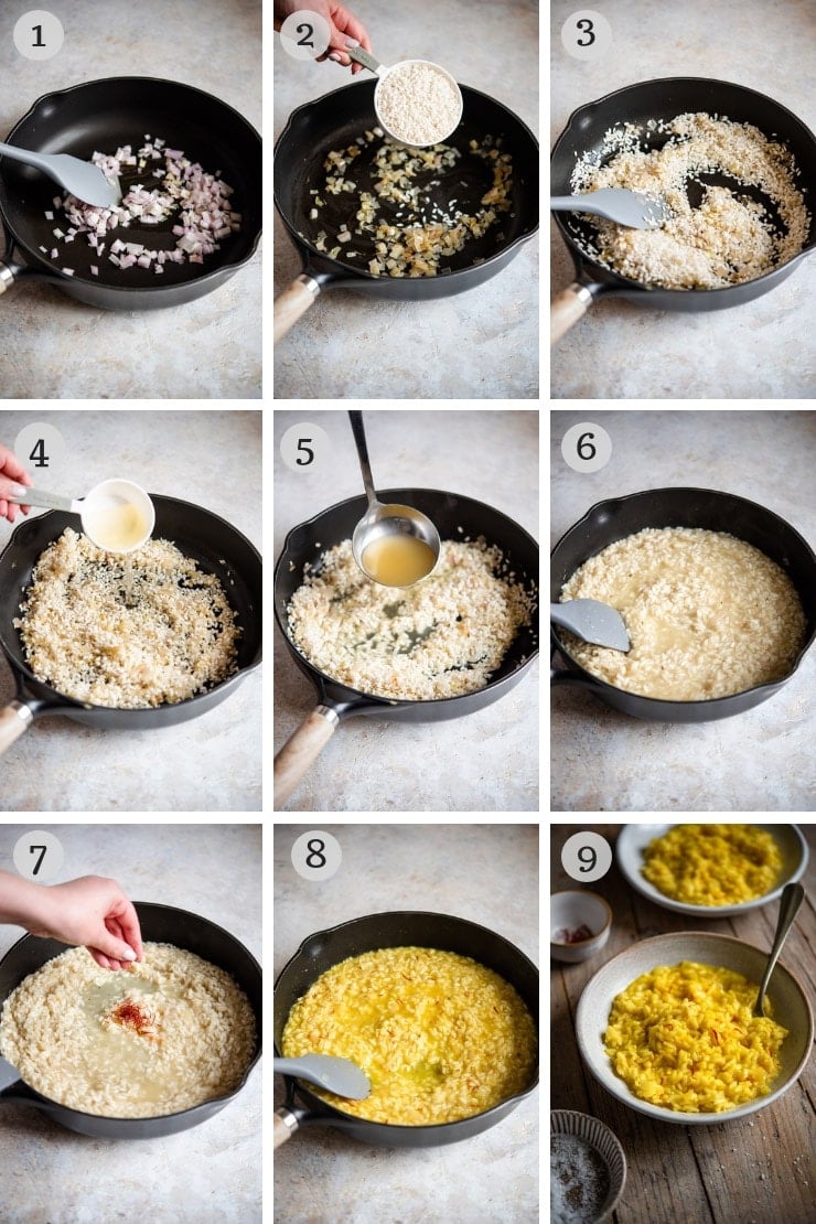 Step by step photos for making saffron risotto