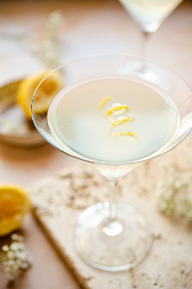 Close up of a limoncello martini in a martini glass