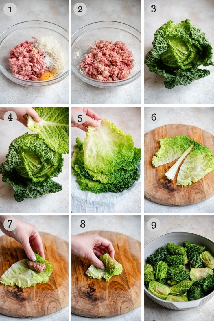 Step by step photos for making Italian stuffed cabbage rolls