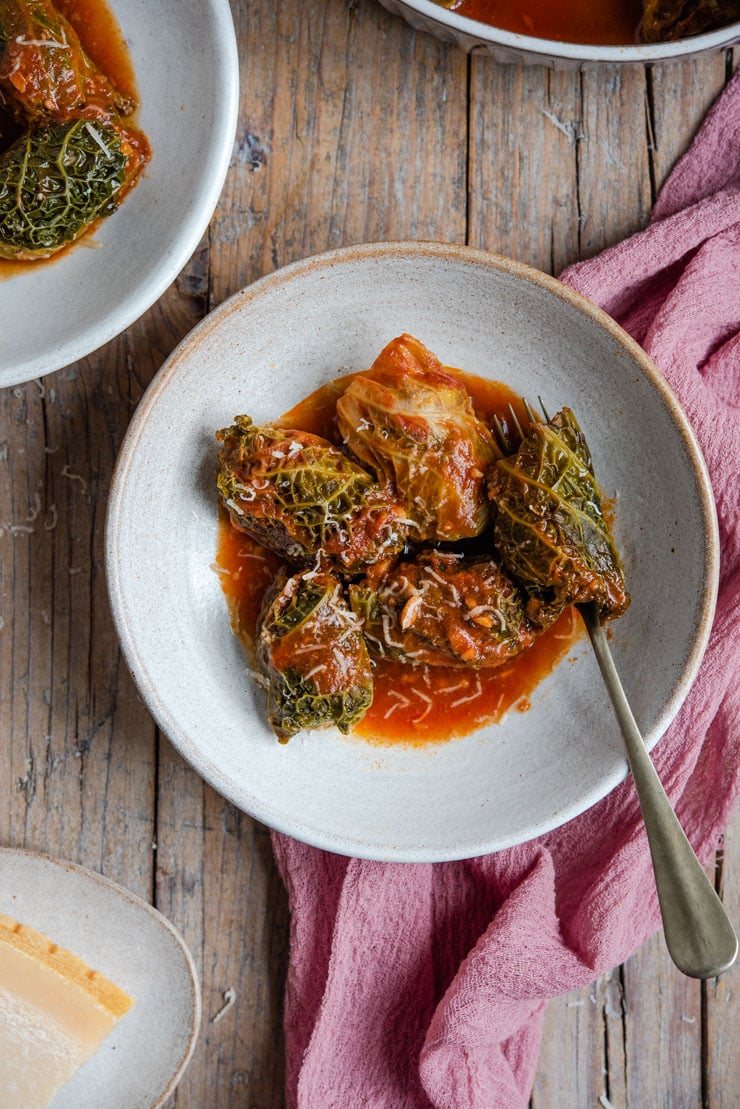 An overhead shot of Italian stuffed cabbage rolls in two bowls with tomato sauce