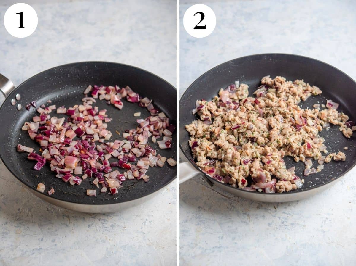 Two photos in a collage showing sauteed onion, sausage and garlic.