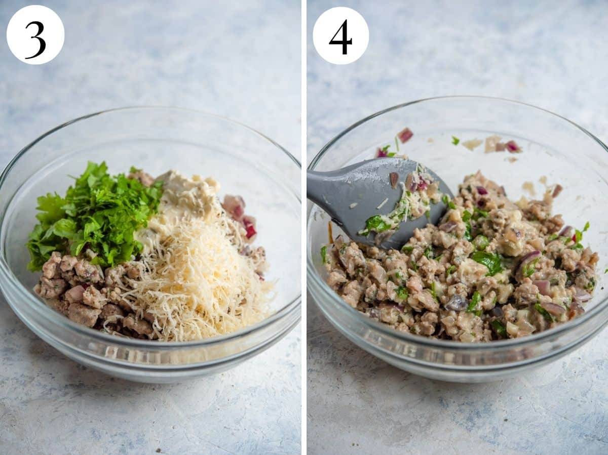 Two photos in a collage showing parmigiano, parsley, sausage, gorgonzola, onion and garlic all mixed in a bowl.
