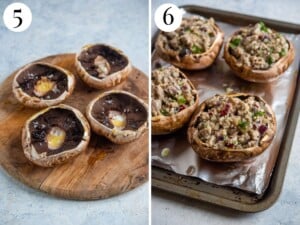 Two photos showing before and after stuffing mushrooms.