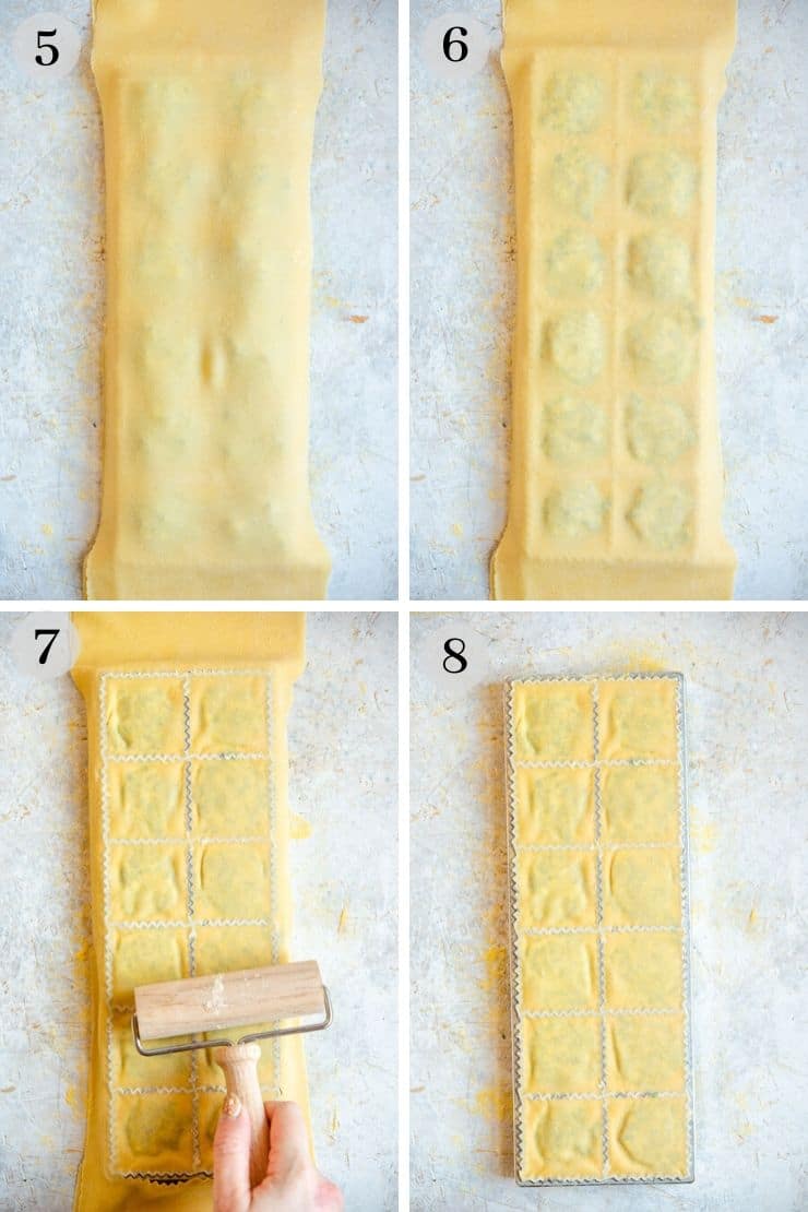 Step by step photos showing how to make ravioli with a ravioli maker