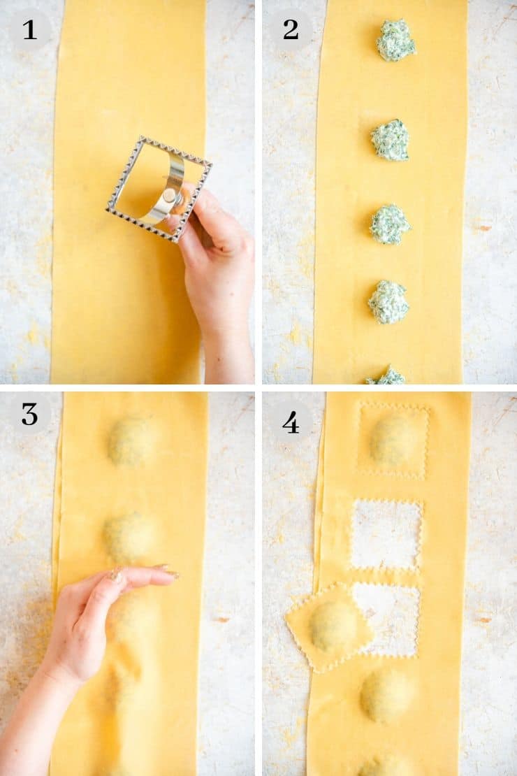 Step by step photos showing how to make ravioli with a ravioli stamp