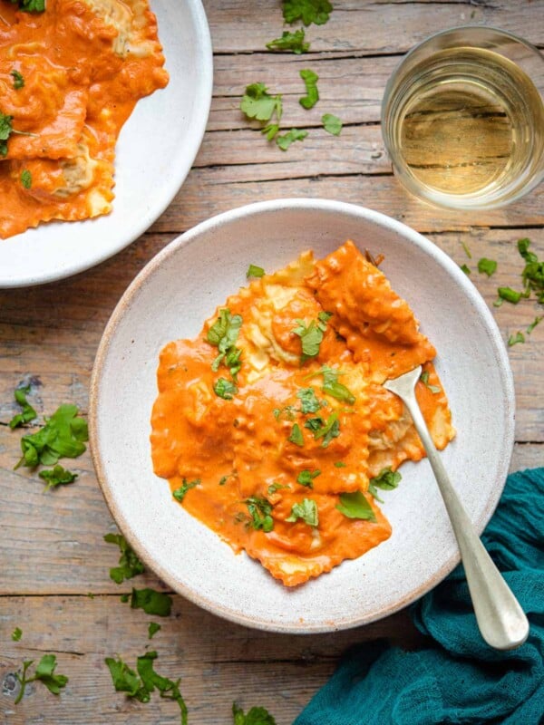 An overhead shot of lobster ravioli in a bowl
