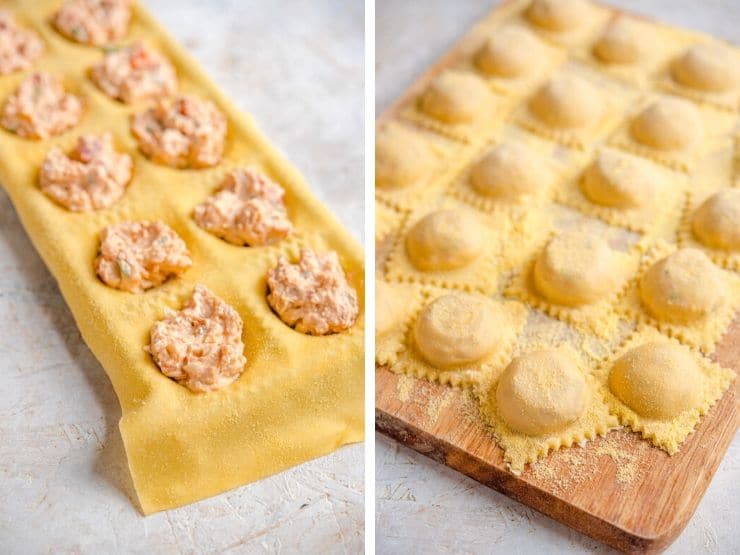 Two photos showing how to fill and seal lobster ravioli