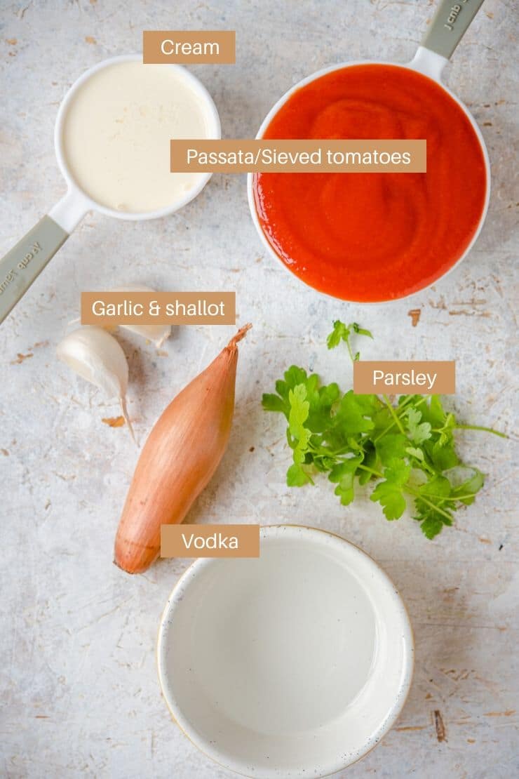 A photo of all of ingredients needed to make vodka cream sauce