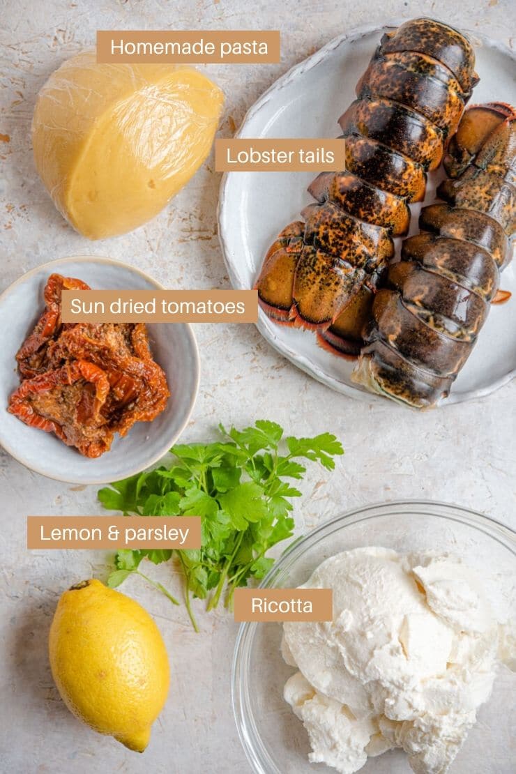 A photo of all of the ingredients needed to make lobster ravioli