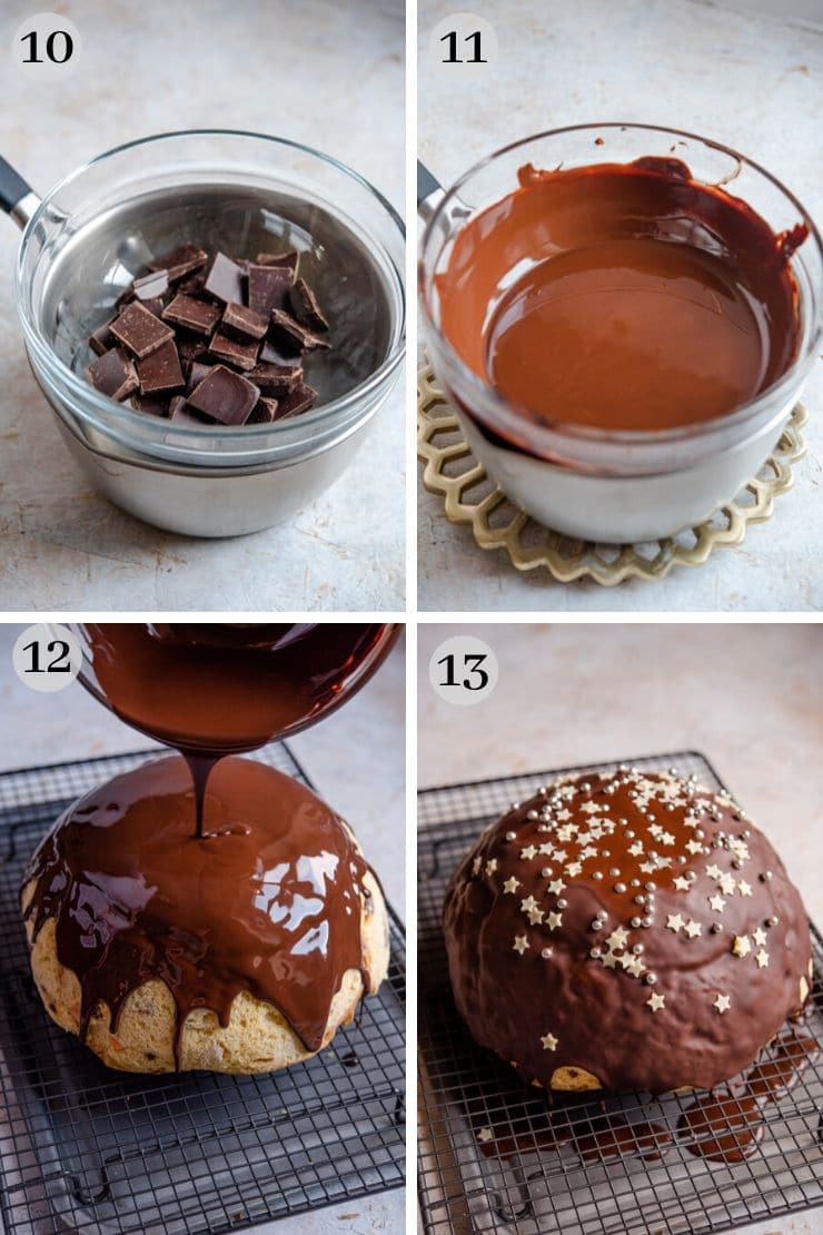 Step by step photos for melting chocolate and pouring over an ice cream cake