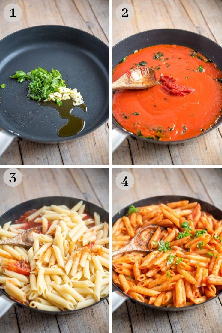 Step by step photos showing how to make penne pomodoro