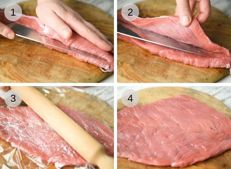 Step by step photos showing how to butterfly a pork tenderloin