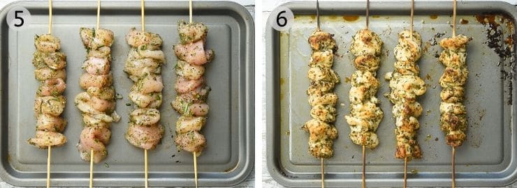 Two photos showing chicken threaded onto skewers before and after being cooked