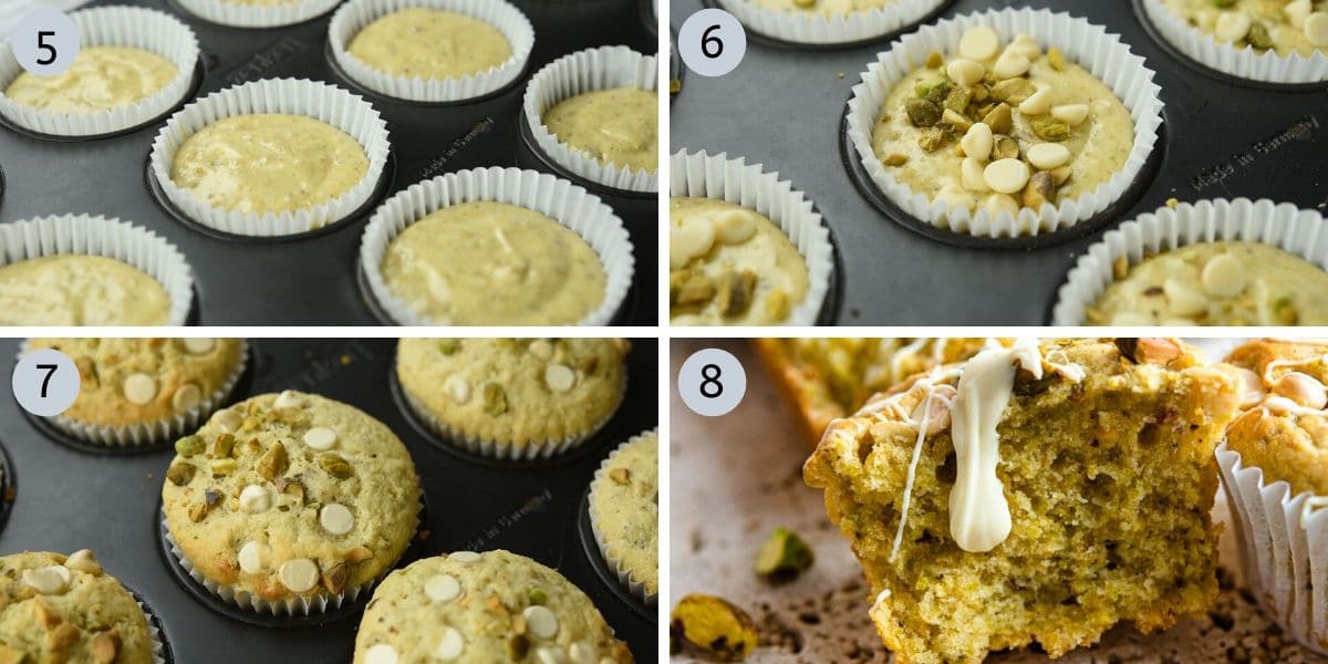 Four photos showing how to fill and bake pistachio muffins