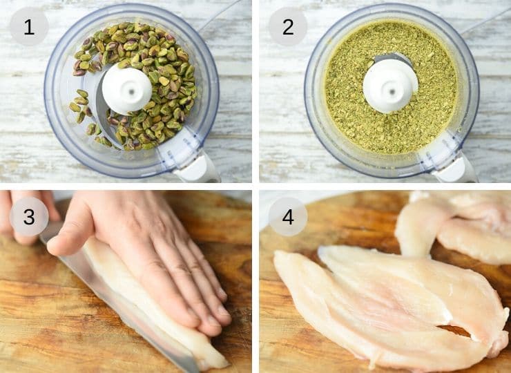 Step by step photos showing how to make a pistachio crumb and butterfly chicken