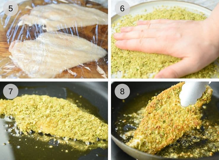 Step by step photos for making chicken with a pistachio crust
