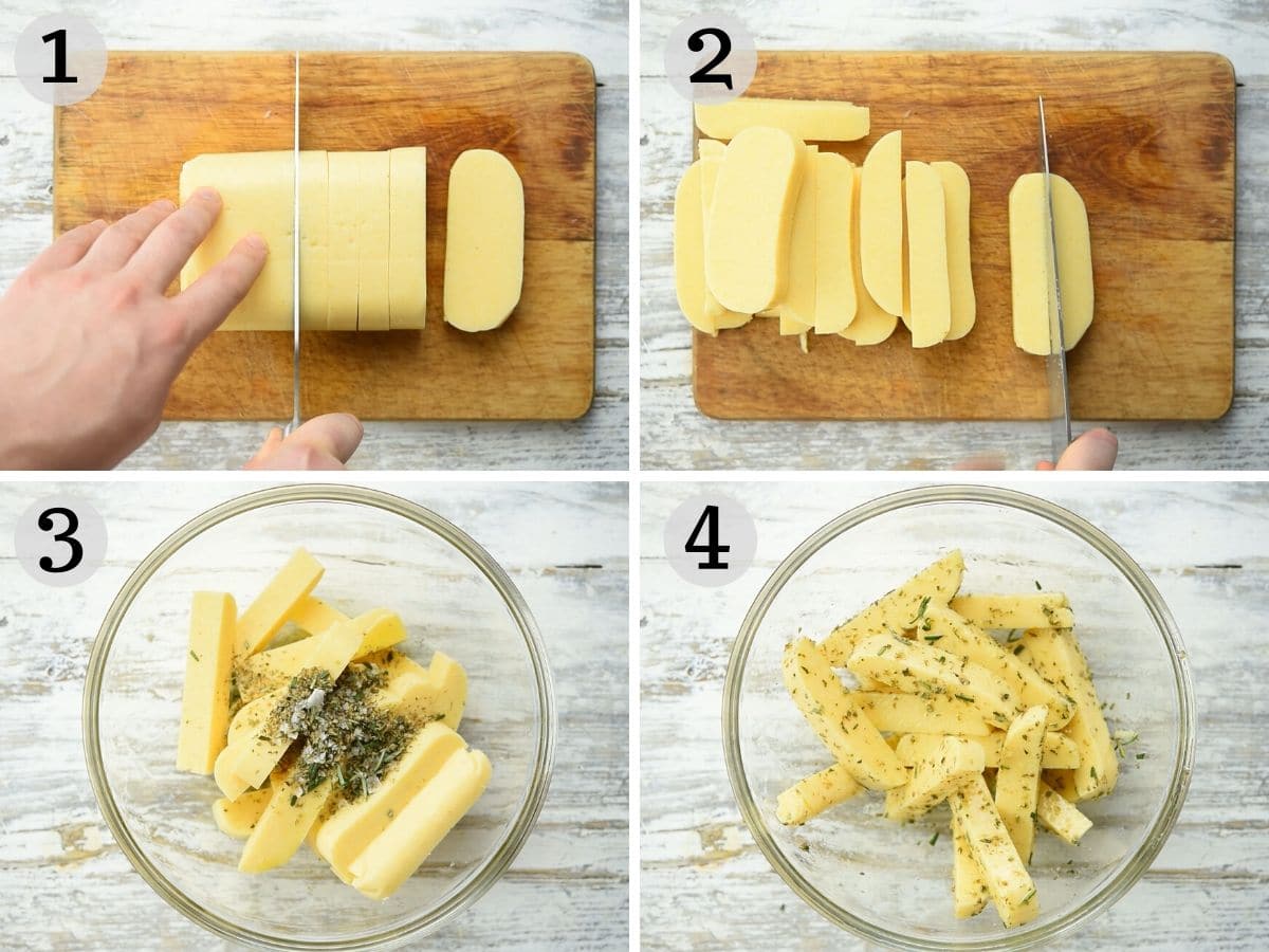 Step by step photos for making polenta fries with pre-cooked polenta