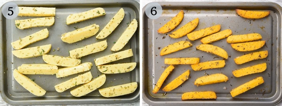 Two photos showing polenta before and after being baked