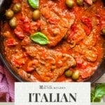 A pinterest graphic showing a close up of steak pizzaiola