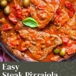 A pinterest graphic showing a close up of steak pizzaiola