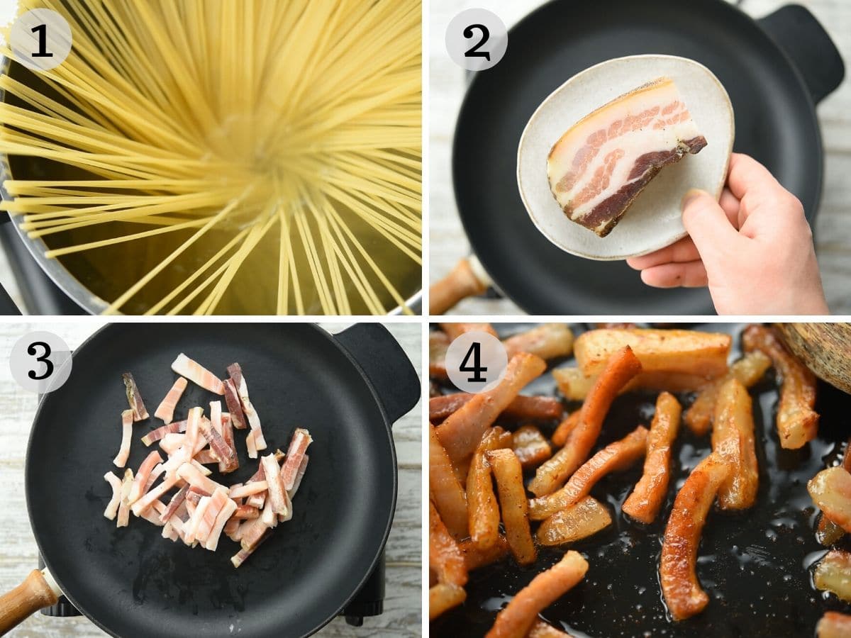 Step by step photos showing how to fry guanciale until crispy