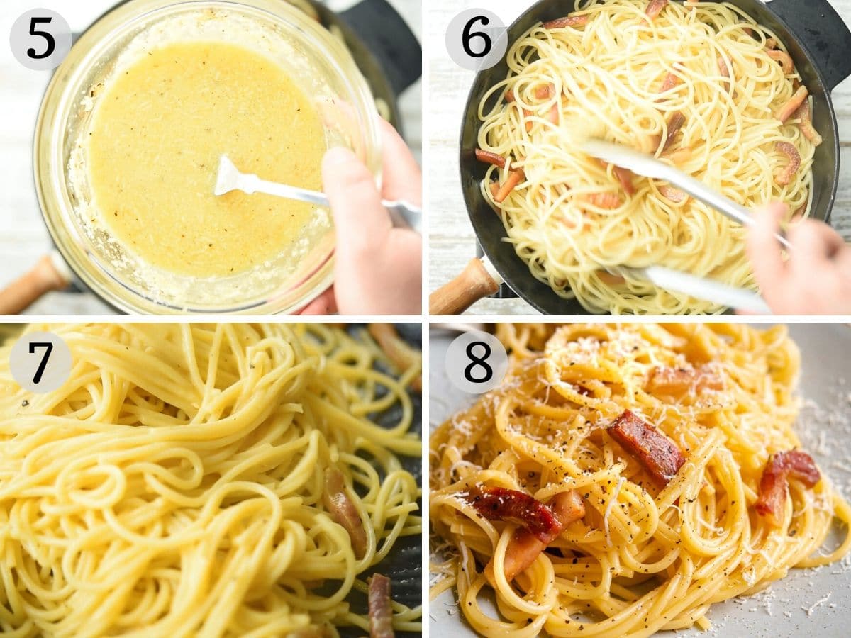Step by step photos showing how to make pasta carbonara