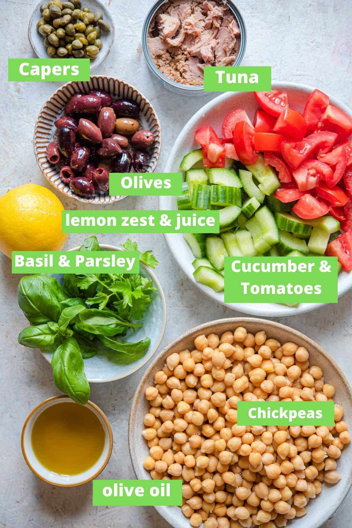 An overhead shot of ingredients you need to make a salad with chickpeas