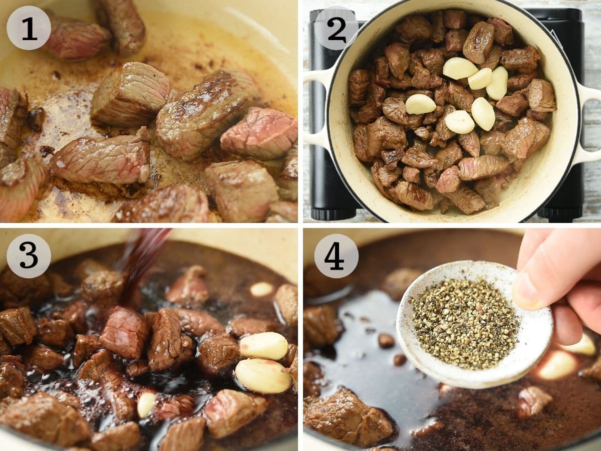 Step by step photos showing how to make Tuscan red wine beef stew