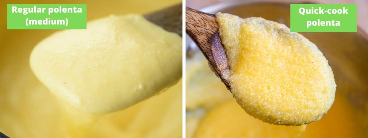 Two photos showing the difference between cooked regular polenta and quick cook polenta