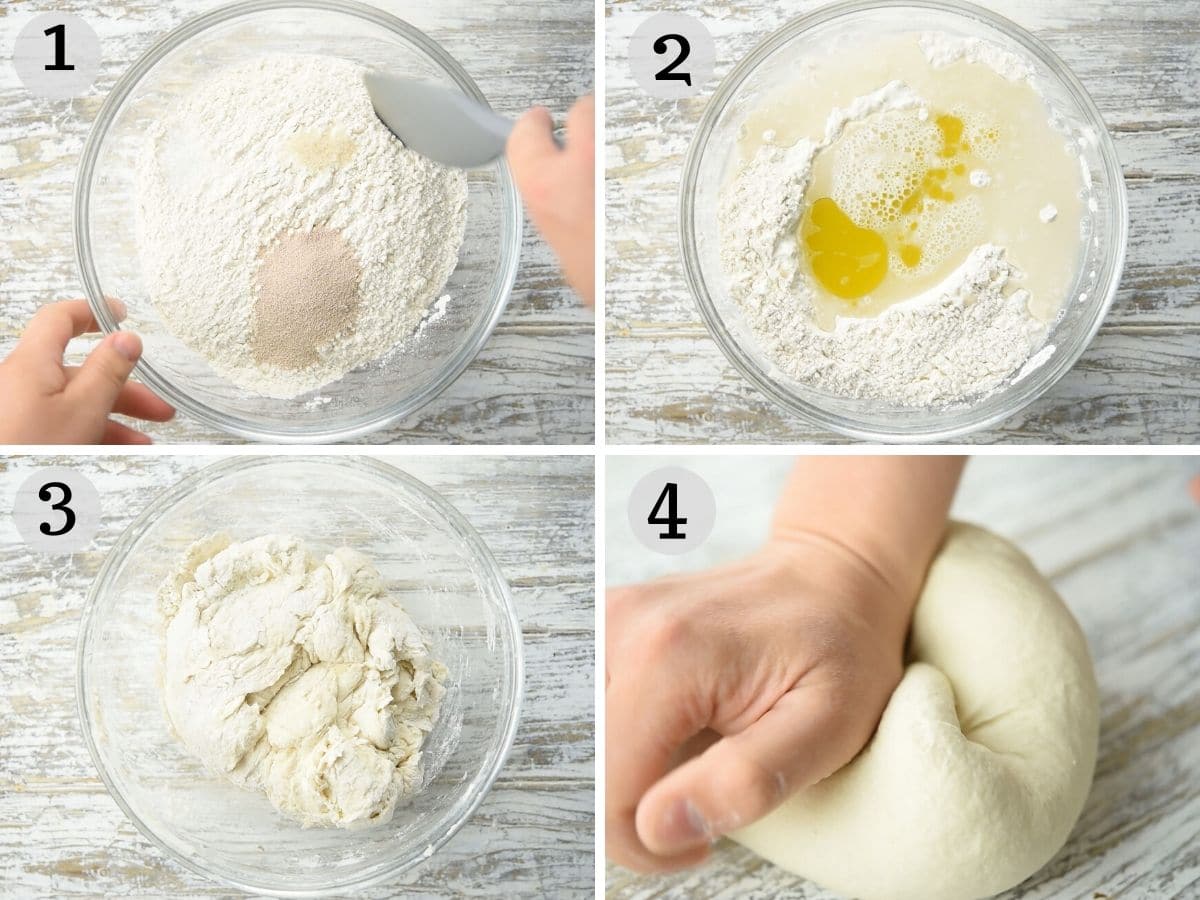 Step by step photos showing how to make pizza dough from scratch