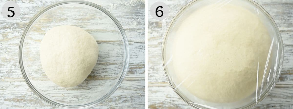 Step by step photos showing pizza dough rising