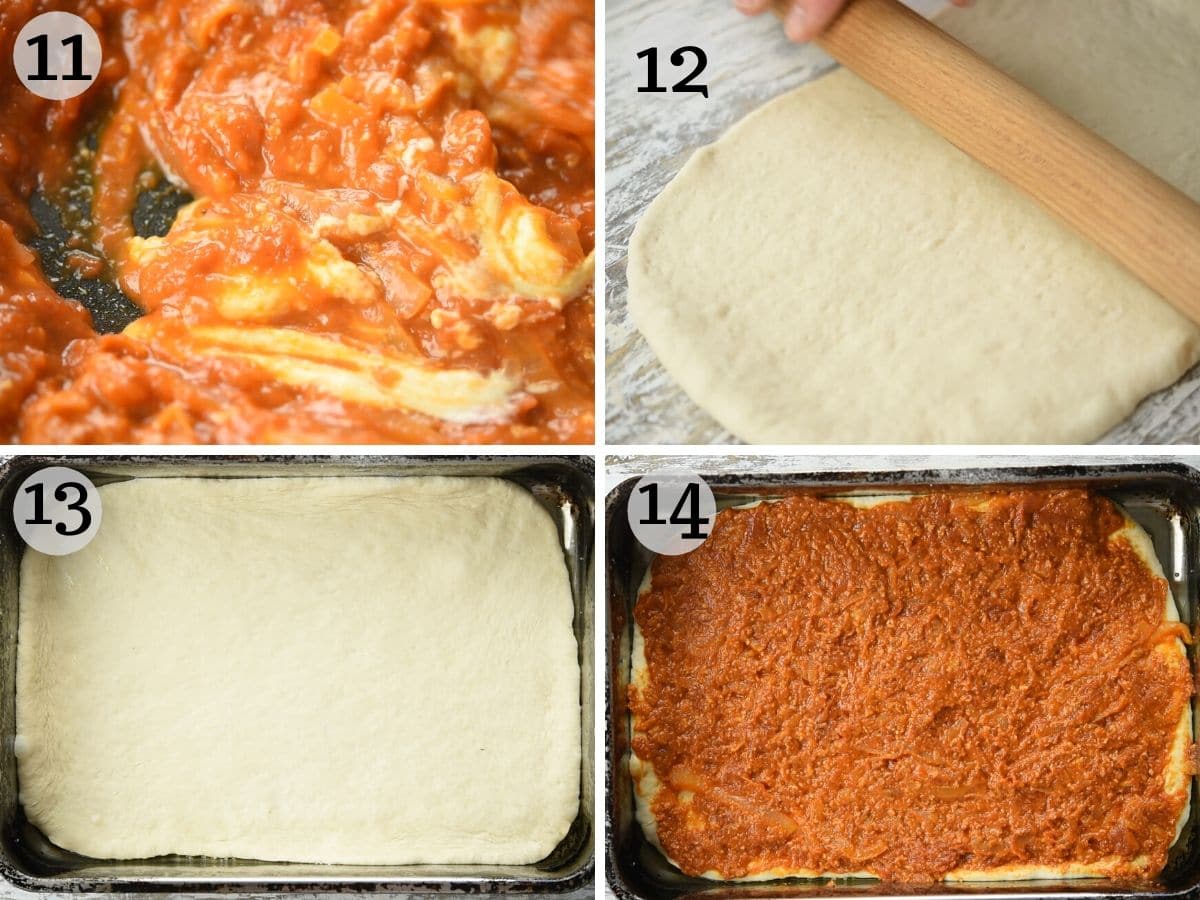 Step by step photos showing how to roll out the pizza dough